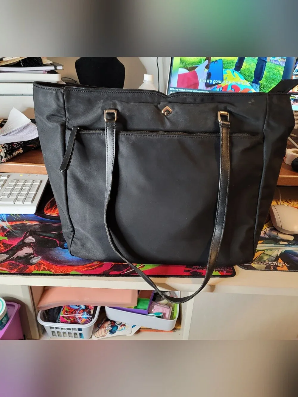 KATE SPADE Black Nylon/Leather Large Tote Bag Purse